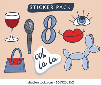 sticker pack women's day, red lips, karaoke. eye, wine, small bag, oh lala, vector