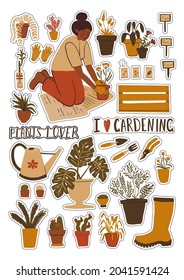 Sticker pack with young black girl plants flowers in pots. Cute african woman transplants plants, doing gardening, preparation to spring. Home hobby, relaxation concept. Vector illustration with outli