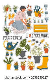 Sticker pack with young girl plants flowers in pots. Cute woman transplants plants, doing gardening, preparation to spring. Home hobby, relaxation concept. Vector illustration with outline fot cut