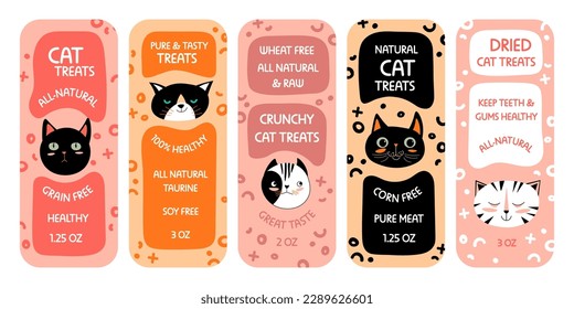Sticker package design set for cat food product. Label collection with cute kitty portrait, vector illustration. Healthy pet nutrition emblem with hand drawn sign, colorful background