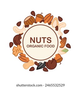 Pegatina para embalaje con tuercas. Esbozo de nueces de color en un marco redondo y una etiqueta kraft redonda en el centro. Nueces y semillas mezcladas avellanas, almendras, pistachos, nueces, macadamia, nueces pecanas, anacardos