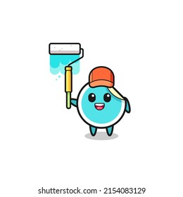 the sticker painter mascot with a paint roller , cute design