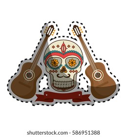 sticker pair acoustic guitar musical with decorative ornamental sugar skull and ribbon