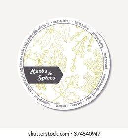Sticker for pakage design with hand drawn spicy herbs. Label template with place for text. Doodle style condiment. Vector illustration