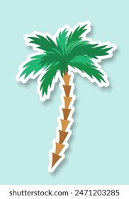 A sticker or palm tree icon on a blue background. Trendy pop art design of the 80s. Vector illustration.