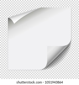 Sticker paper note. White sheet with curled corners and soft shadows isolated on transparent background. Vector illustration, eps 10