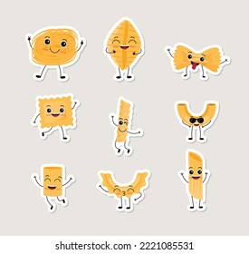 Sticker Pasta characters. Funny noodles with cute faces, hands and feet, comic spaghetti, rigati and fettuccine, happy italian cuisine ingredients, dry product vector cartoon flat isolated eps 10