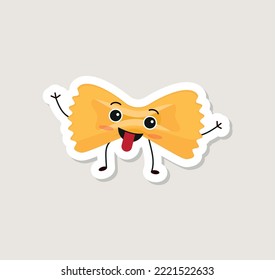 Sticker Pasta characters. Funny noodles with cute faces, hands and feet, comic spaghetti, rigati and fettuccine, happy italian cuisine ingredients, dry product vector cartoon flat isolated eps 10