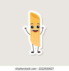 Sticker Pasta characters. Funny noodles with cute faces, hands and feet, comic spaghetti, rigati and fettuccine, happy italian cuisine ingredients, dry product vector cartoon flat isolated eps 10