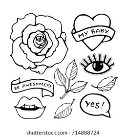 Sticker Patch Set Collection Vector Artwork Coloring Book Pages For Adult Black