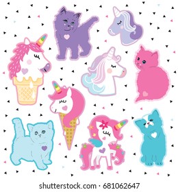 Sticker patch unicorn cat sticker pin trendy label patch vector illustration decor decoration fashion black white
