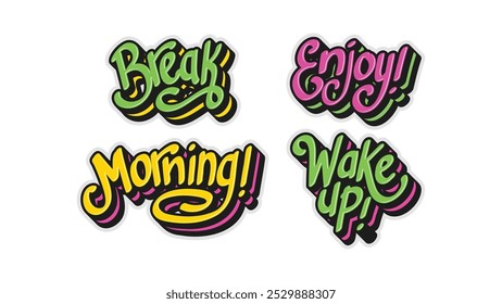 Sticker Patches: Break, Enjoy, Morning, Wake Up. Bold, retro-inspired slab lettering stickers. Perfect for adding a fun and modern touch to your designs. Vector illustration.