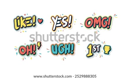 Sticker patches expression: Like, Yes, OMG, 1st. Trendy Flat Design Badges and Labels Featuring Cute typography Icons, All in Vector Illustration.