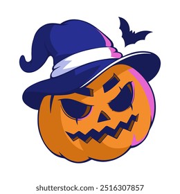 Sticker, patches, labels, tags, stamps with cute jack o lantern pumpkin monsters. Witch hat and bat. Happy Halloween.
