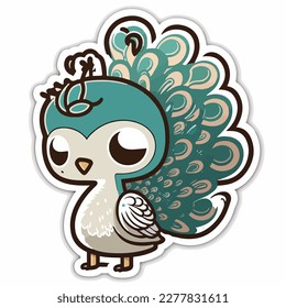 Sticker Peacock white outline chibi style