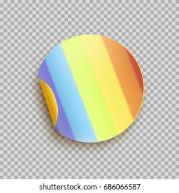 Sticker with peel off corner isolated on transparent background. Round rainbow paper banner or circle curl label sticker with flip edge. Vector color post note for advertising design.