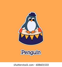 Sticker "penguin circus acts" on a yellow background. Vector illustration.