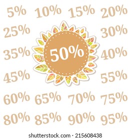 Sticker with percent discounts from 5 to 95% for store sale on the background of autumn leaves