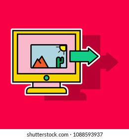 Sticker Photos icon on laptop screen. Multimedia, sharing images, digital photo album app concepts. Creative vector illustration