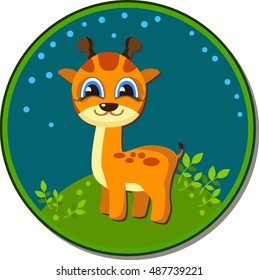 Sticker with a picture of cartoon giraffe. The most popular animals, vector illustration