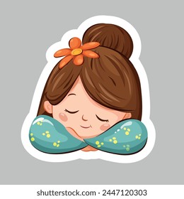 A sticker with a picture of a girl resting with her eyes closed, leaning on her hands. Her hair is decorated with a flower.