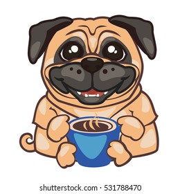 Sticker with a picture of a smiling pug dog breed with a mug of coffee