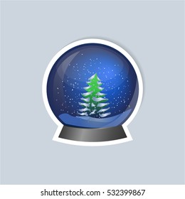 Sticker with a picture of a snow globe with a Christmas tree inside. Vector image.