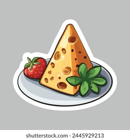 Sticker with a picture of a triangular piece of cheese, strawberries and basil leaves on a white plate. Next to the cheese are ripe red strawberries, as well as green basil leaves.