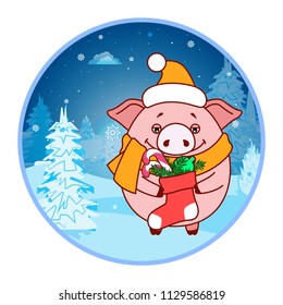 Sticker Pig with a sock and gifts on the background of the winter landscape. Evening. Symbol of the new year in the Chinese calendar. Cartoon. Vector.