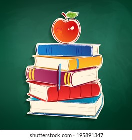 Sticker with pile of books with apple on green chalkboard background. Vector EPS 10. Isolated.