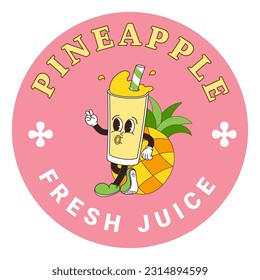 Sticker of pineapple juice character in cartoon style. Isolated vector label of funny fruit drink mascots in retro style for orange juice on transparent background for logo, emblem and your design