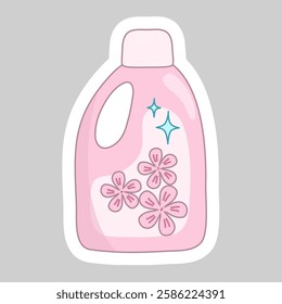 Sticker with pink bottle with cleaning or washing detergent, decorated with flowers, vector