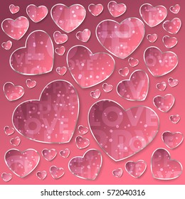 Sticker from pink paper hearts with silver frame and confetti, sparkles, dust with lettering love and happy on pink background. Vector illustration for Happy Valentines Day. Holiday design.