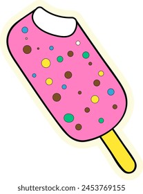 Sticker pink popsicle ice cream with bright sprinkles on transparent background, vector illustration y2k style, doodle, hand drawn, retro summer illustration in cartoon style