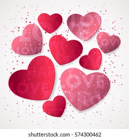 Sticker from pink and red paper hearts and confetti, sparkles, dust with lettering love and happy on white background. Vector illustration for Happy Valentines Day. Holiday design.