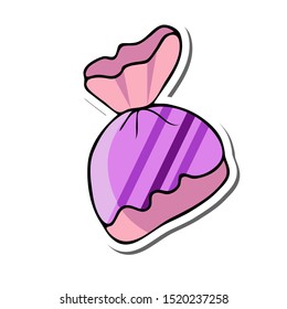 Sticker  with a pink sweet. Candy for children. Vector illustration in cartoon style.Isolated object on a white background.For wrapping paper,fabric textile,school projects,logo, icon,  postcard

