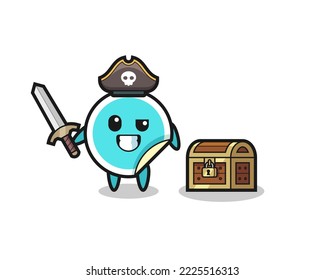 the sticker pirate character holding sword beside a treasure box , cute style design for t shirt, sticker, logo element