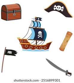 Sticker of pirate elements with treasure chest, pirate hat, sword, ship, skull flag and map. Isolated on white background. Vector illustration in flat cartoon style