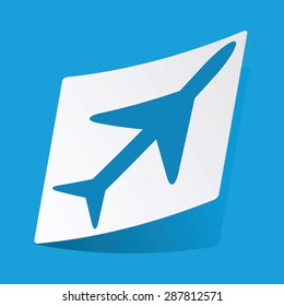 Sticker with plane icon, isolated on blue