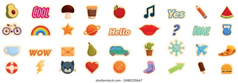 Sticker planner icons set. Set of colorful stickers with trendy design representing everyday objects and words