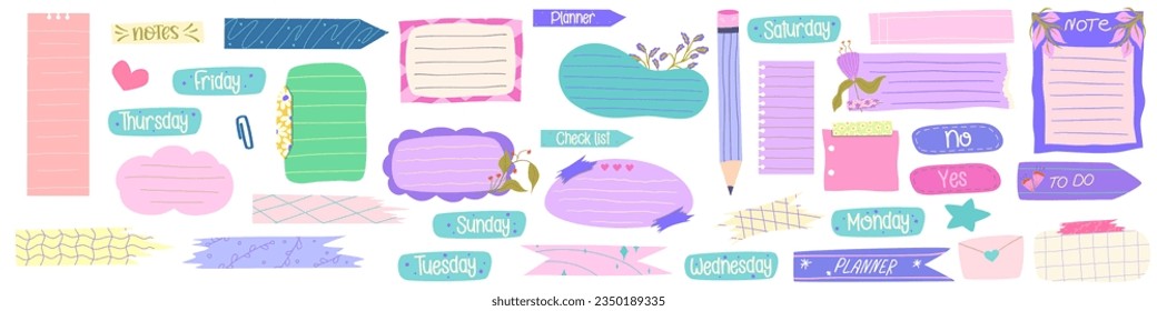 Sticker Planner various paper memo notes. Cute bright sticker note with tape for to-do list, planner. Hand drawn cute collection badge. Frame for text and reminder. Flat vector illustration