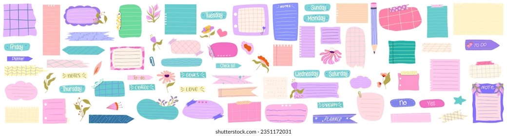 Sticker Planner varias notas de memo en papel. Cute nota adhesiva brillante con cinta para la lista de tareas pendientes, planificador. Hand dibujó una linda insignia de colección. Marco para texto y recordatorio. Ilustración vectorial plana