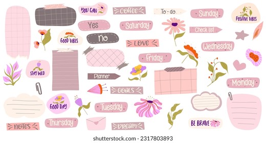 Sticker Planner varias notas de papel. Nota de emoticono estética con texto y flor. Hand dibujó una linda insignia de colección. Marco para texto y recordatorio. Ilustración vectorial plana