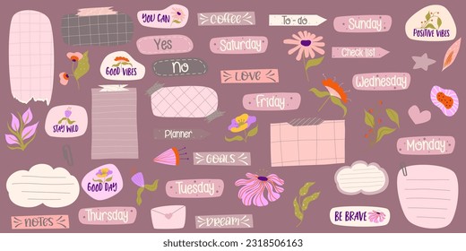 Sticker Planner various paper notes. Aesthetic sticker note with text and flower. Hand drawn cute collection badge. Frame for text and reminder. Flat vector illustration