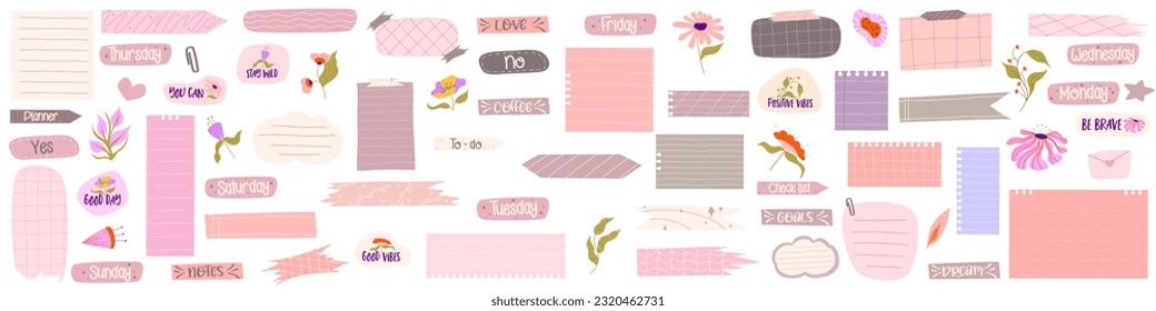 Sticker Planner various paper notes. Aesthetic sticker note with text and flower. Hand drawn cute collection badge. Frame for text and reminder. Flat vector illustration