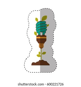 sticker of plant stem with leaves and fluorescent bulb spiral with light turquoise vector illustration