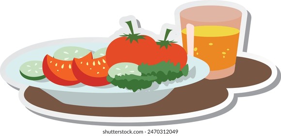 A sticker of a plate of fruits and vegetables and a glass of orange juice
