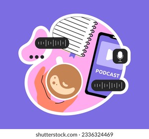 Pegador con concepto de elementos podcast. Vista superior en taza de café o té cerca del smartphone con archivos de audio. Canción y difusión, contenido. Dibujo vectorial plano de dibujos animados aislado en fondo azul