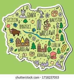 Sticker of Poland. Colored hand drawn doodle Poland map. Polish city names lettering and cartoon landmarks, tourist attractions cliparts. travel, comic infographic poster. Black and white funny