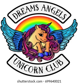 Sticker pony unicorn with wings.Emblem of the children's bike club. Creative idea of design of children's products, Emblem badge, print, tattoo.Fairy-tale horse fulfilling dreams